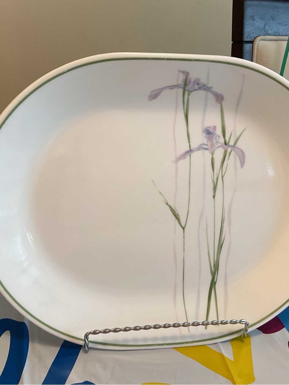 Corelle White Platter with Green Rim and Lavender Iris Motif